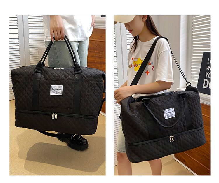 Large Shoe Compartment Travel Bag, Stylish Short Trip Tote With Diamond Quilted Design, Waterproof Gym & Yoga Duffel_voghion.com