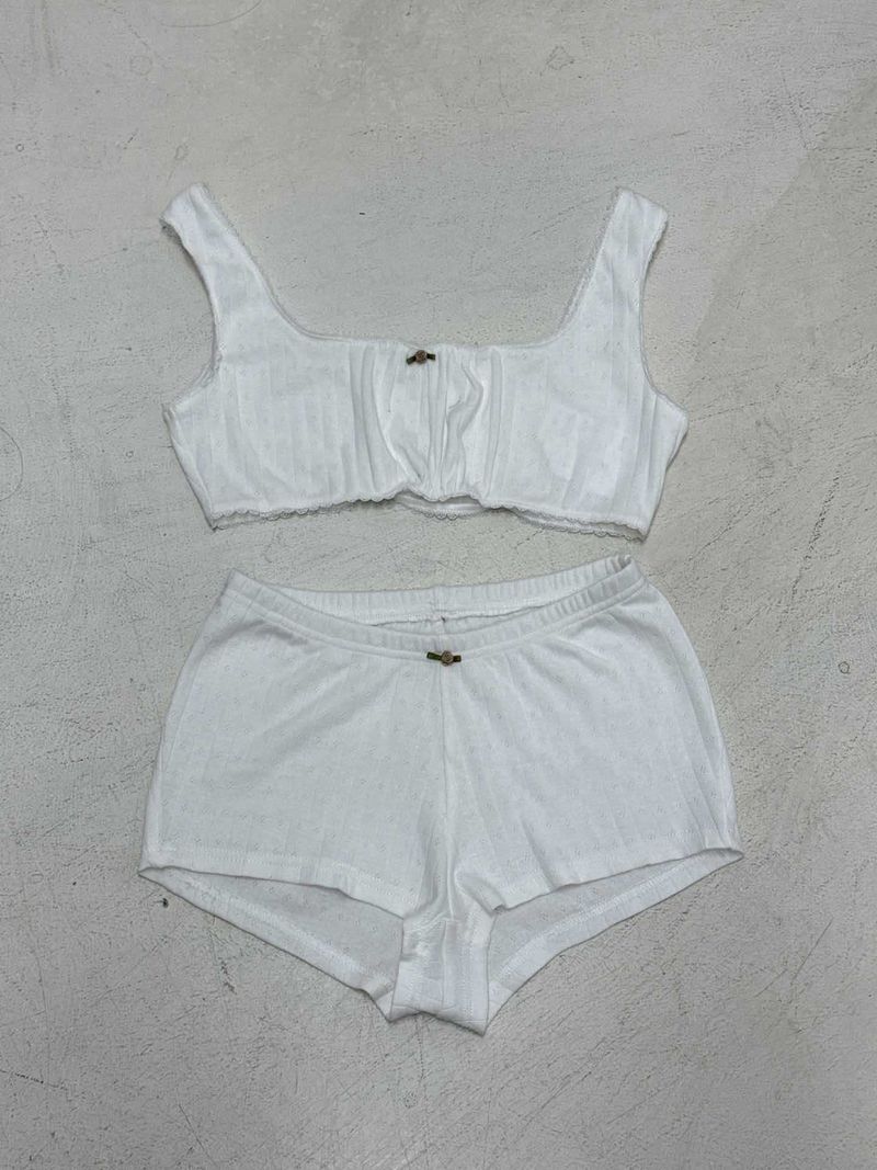 Sexy Pure Desire Style Jacquard Knitted Pit Strip Casual Set Women's Lace Splicing Low U Neck Tank Top+Shorts_voghion.com