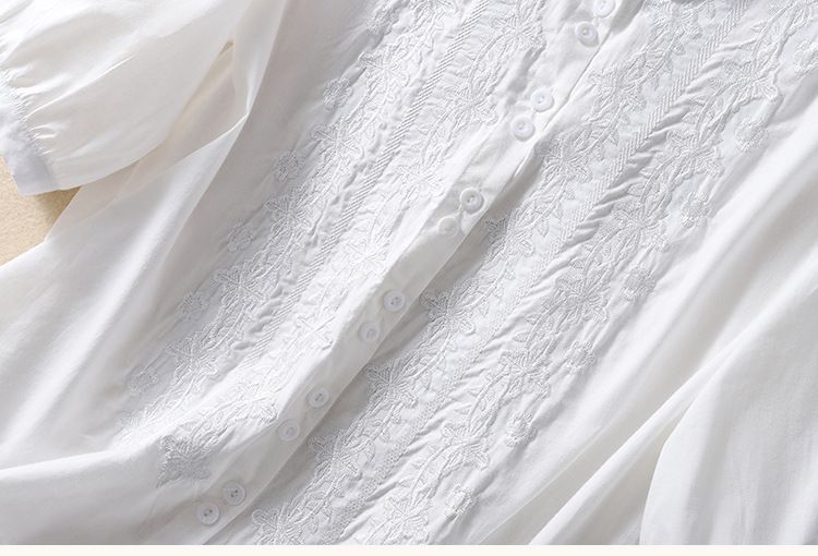 Camicetta vintage da donna in lino e cotone con maniche a sette quarti, con fiori ricamati_voghion.com