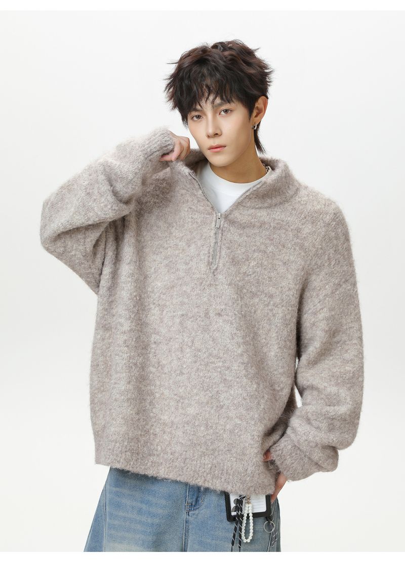Half Zipper Stand-up Collar Pullover Sweater Men's Autumn And Winter Style Texture Warm Lazy Wind Loose Half Turtleneck Knitted Sweater Jacket_voghion.com