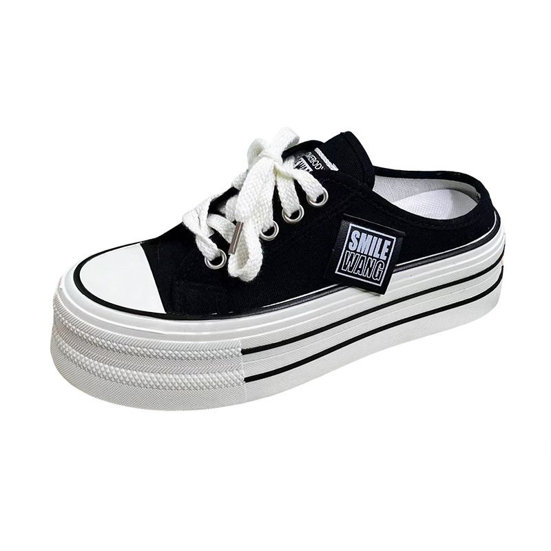 2025 Summer New Thick Soled Tall Slippers For Lazy Women, Trendy Half Dragged Fashion Casual Canvas Shoes_voghion.com