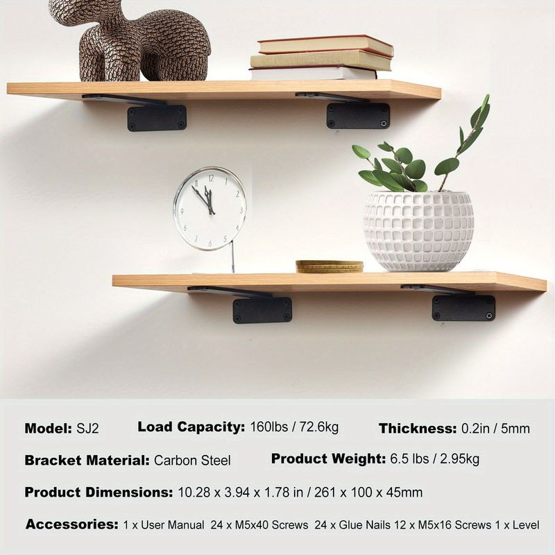 6-Pack Heavy Duty L-Shaped Shelf Brackets, 12" X 4" X 1.6", 5mm Thick Matte Black Steel, 160 Lbs Capacity, For Floating Shelves & Home Storage_voghion.com
