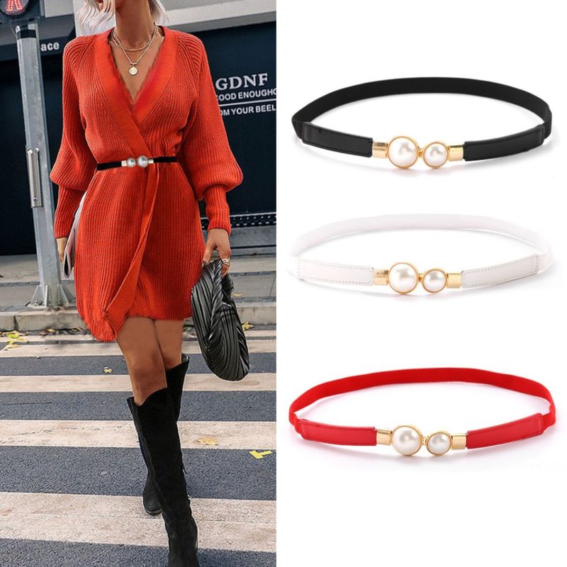 Frühling Sommer Elegante Perle Schnalle Frauen, Dünne Dekorative Elastische Haken Schmaler Taille Gürtel Für Kleider_voghion.com