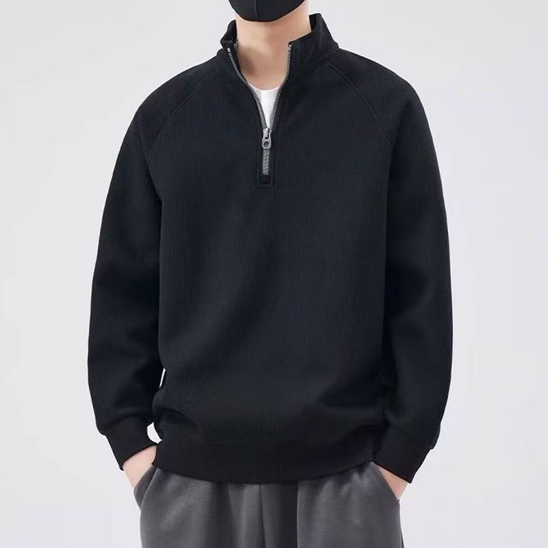 Felpa in pile minimalista con mezza zip - Pullover pesante e testurizzato con collo alto per uomo_voghion.com
