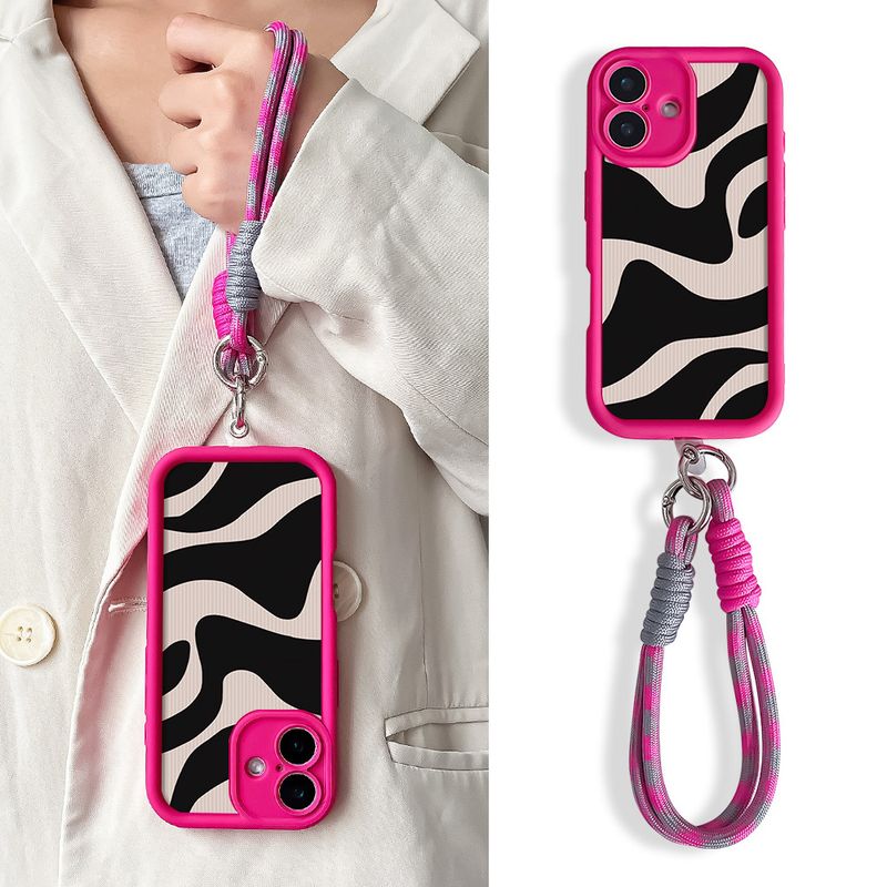 Étui de téléphone avec dragonne pour iPhone 16 Pro Max Plus, motif zébré à rayures et treillis, en TPU souple, avec sangle de suspension et coque antichoc_voghion.com