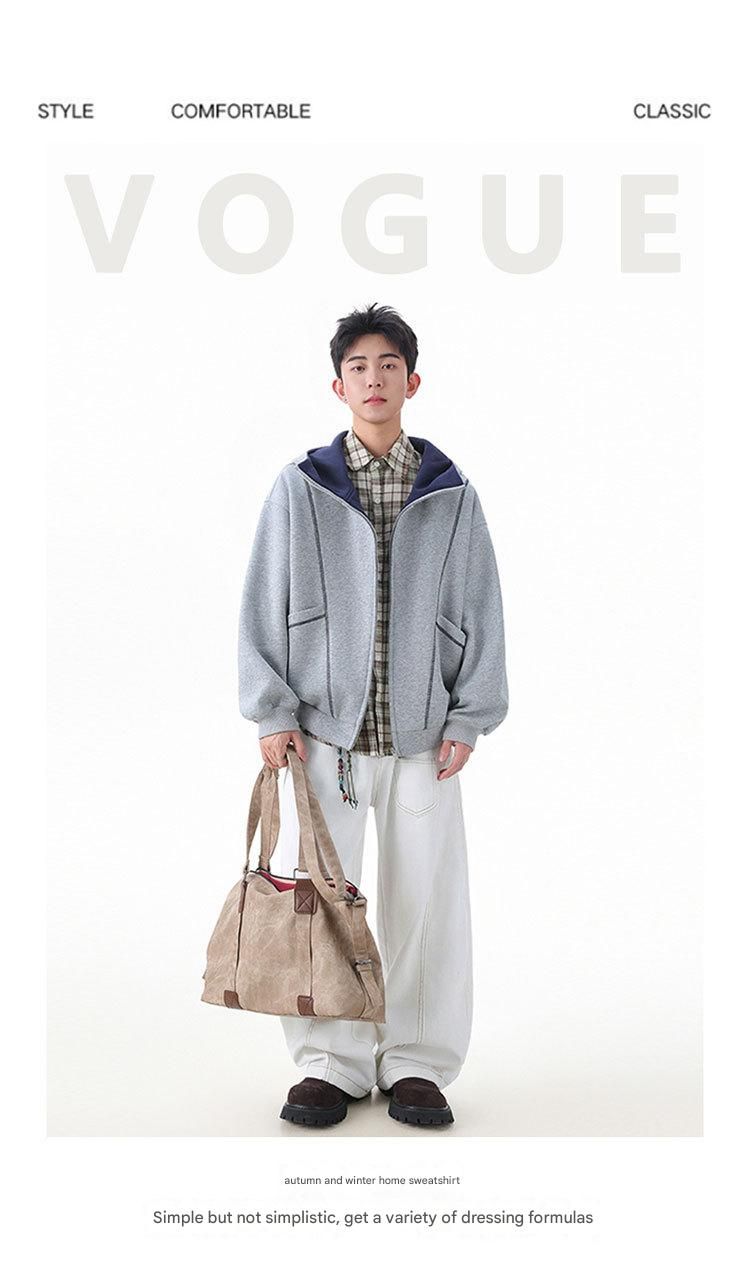 Men's Streetwear Heavyweight Hoodie | Oversized American Style Zip-Up With Contrast Stitching & Air-Layer Design_voghion.com