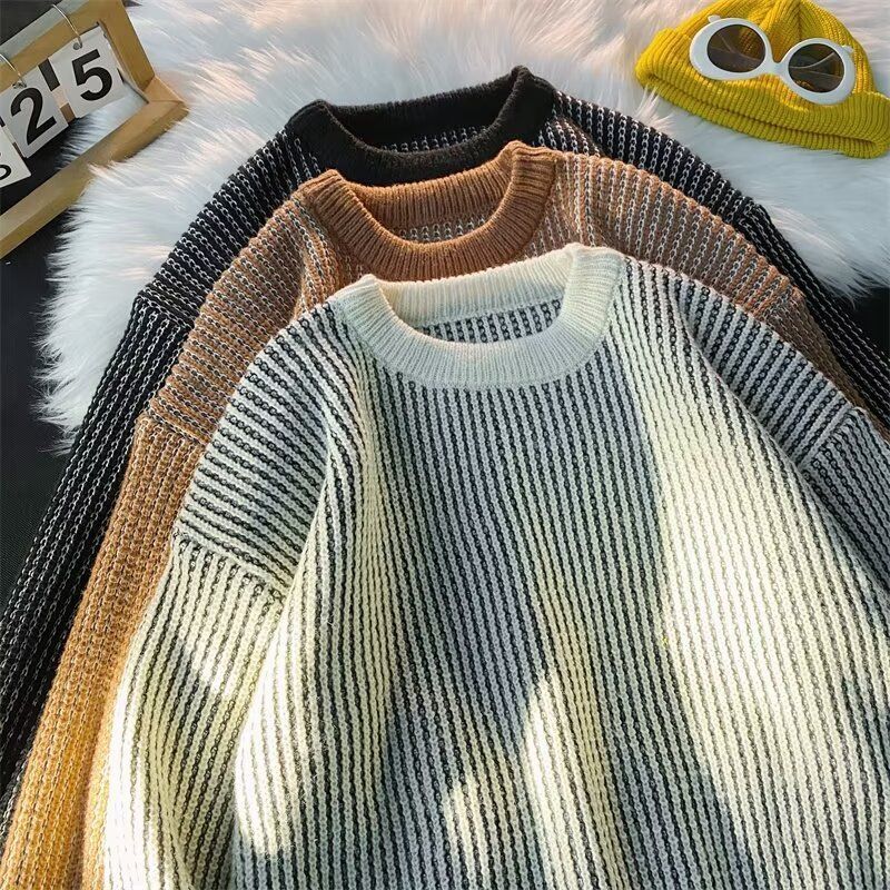 Men's & Women's Striped Knit Sweater - Casual Crewneck Pullover With Color Block Design, Soft & Breathable For Fall & Winter_voghion.com