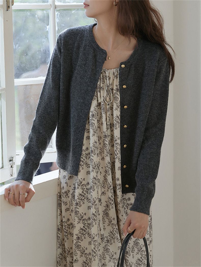 Cardigan lavorato a maglia con scollo rotondo e bottoni dorati, da donna, coreano, delicato, autunno 2024, casual, basico, giacca_voghion.com