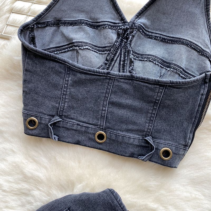 Dametøj Dopamin Cool Style Denim Suit Til Kvinder Om Sommeren Retro Design Halter Neck Camisole + Højtaljet Nederdel_voghion.com