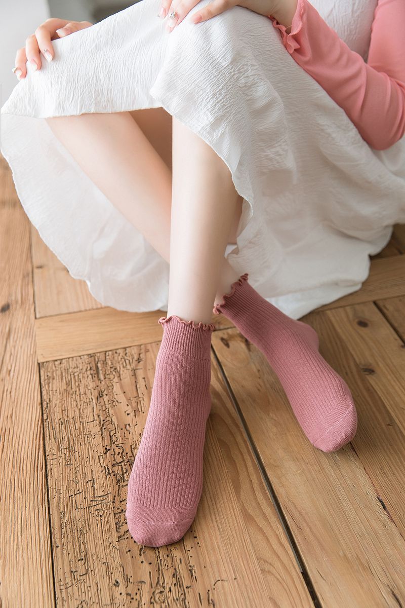 2 pairs of socks for women in a set, spring and summer, wood ear edge boat socks, double needle women's Japanese style short style, women's solid color lace women's socks_voghion.com