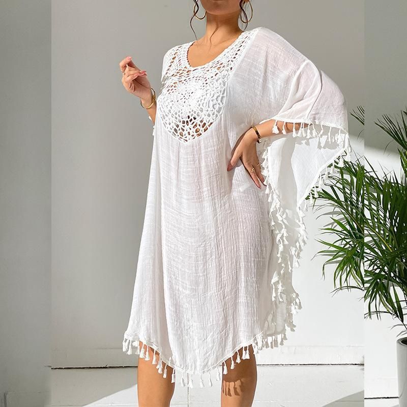 Crochet-Trimmed Polyester Beach Cover-Up – Flowy & Sexy Bikini Wrap For Vacation & Swim (One Size) – Lightweight & Stylish_voghion.com