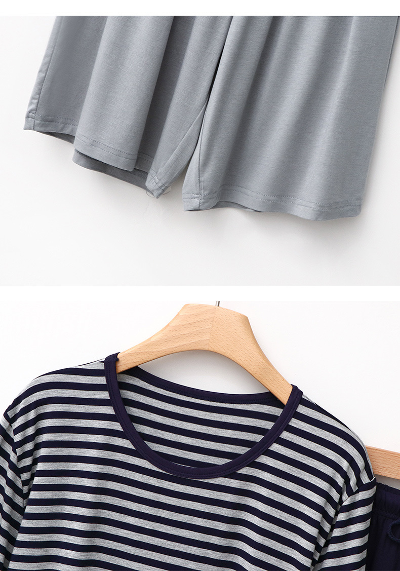 Ropa de hombre Verano nuevos pijamas modales para hombres rayas con cuello redondo pantalones cortos de manga corta simples, transpirables y cómodos traje de ropa para el hogar_voghion.com