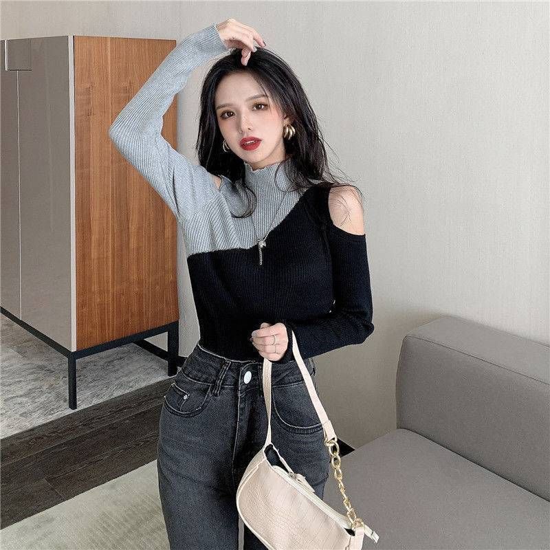 ragazza 2025 primavera e autunno nuovo maglione lavorato a maglia a collo alto a maniche lunghe con spalle scoperte color-block vestibilità slim base corta_voghion.com