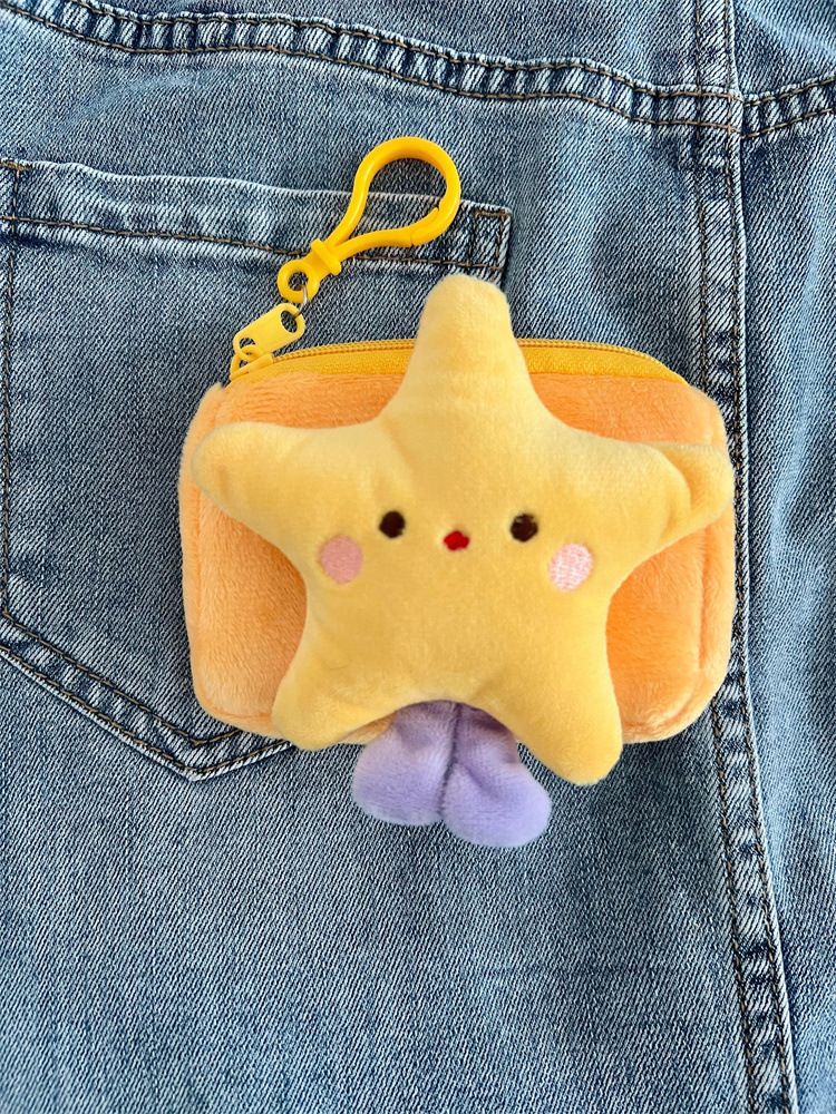 Bolsa de moedas de pelúcia quadrada com estrela de cinco pontas e pés, fone de ouvido redondo portátil, mini bolsa de estudante de desenho animado fofo_voghion.com