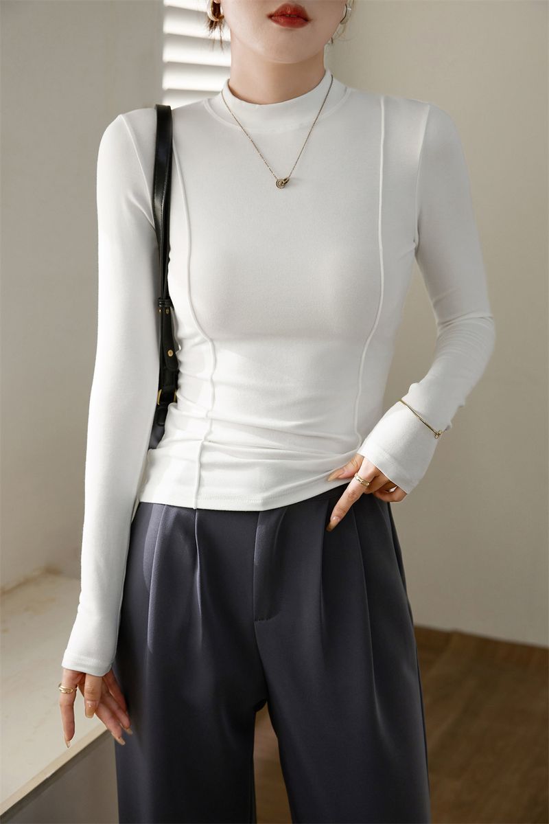Women's Clothing Maillard high end design 2024 autumn and winter new half high collar T shirt women's long sleeved slim bottoming shirt top trend_voghion.com