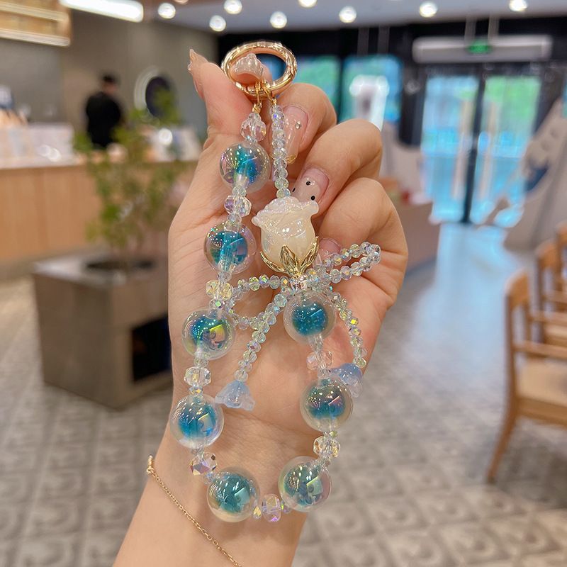 Neue kreative Acryl Rose Blume Perlenkette Telefongurt Auto Schlüsselanhänger Meerjungfrau Prinzessin handgefertigte Tasche Anhänger fertig_voghion.com