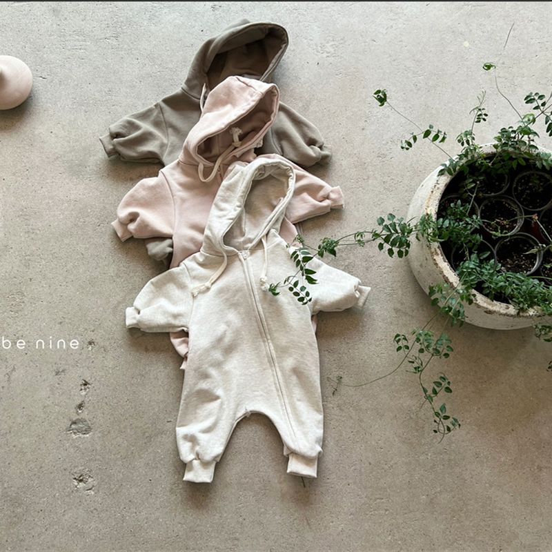 Baby Cotton Soft Oblique Zipper Hooded Long Sleeved Sweater Jumpsuit Korean Version Of The Baby Jumpsuit_voghion.com