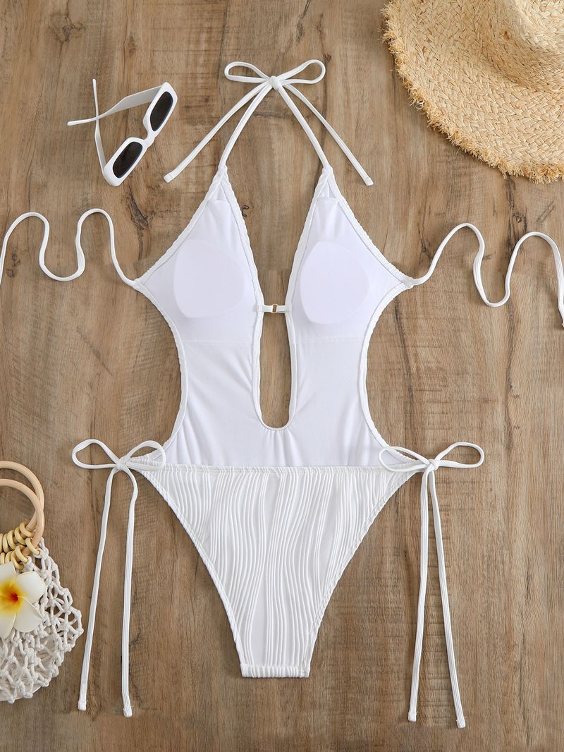 Maillot de bain une pièce à bretelles creuses et dos nu pour femme, couleur unie, offre spéciale_voghion.com