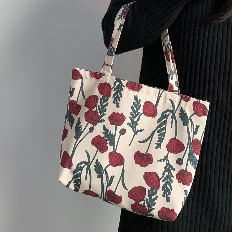 Piccola borsa da trasporto portatile in plaid da pranzo floreale letterario e fresco, borsa in stoffa da passeggio_voghion.com