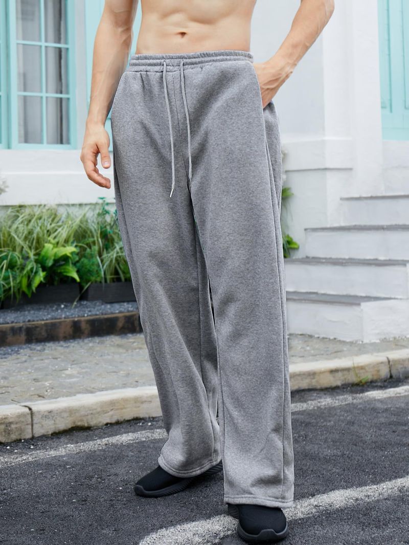Calça de moletom masculina com cordão, reta, perna larga, bolso solto, calça casual, calça esportiva_voghion.com