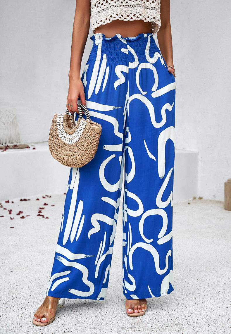 Pantaloni larghi e larghi da donna, in misto cotone stampato, eleganti, primavera-estate_voghion.com