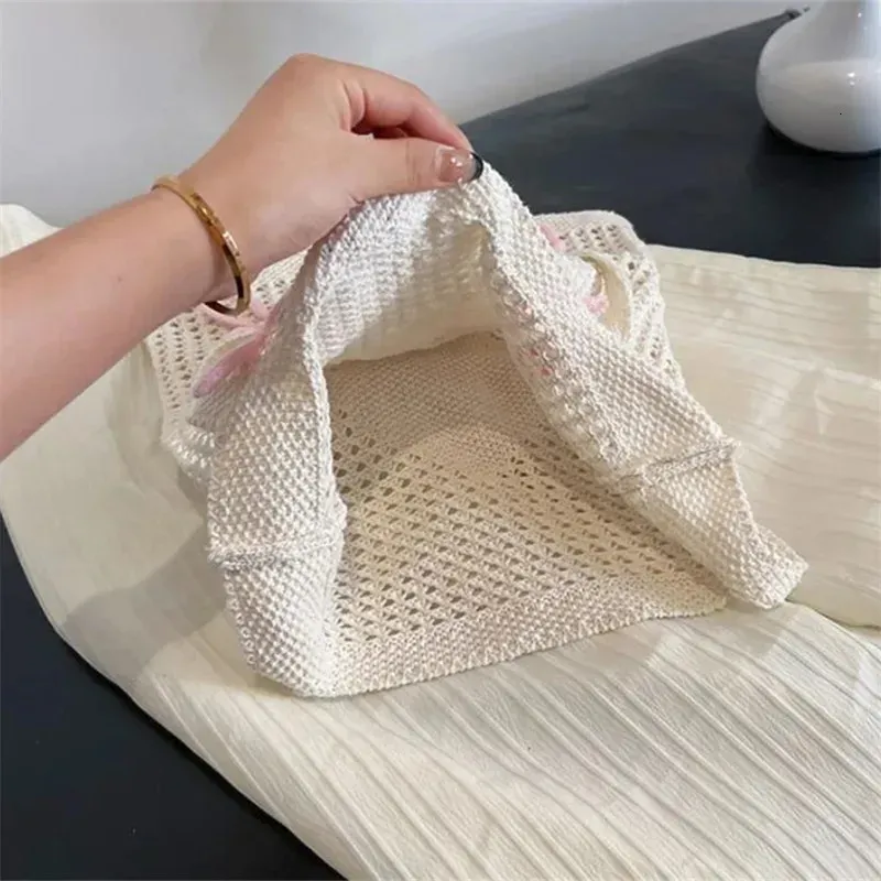 Preppy Style Crochet Tote With Butterfly Accents Solid Color Polyester Shoulder Foldable Fashion Beach Bag 250402_voghion.com