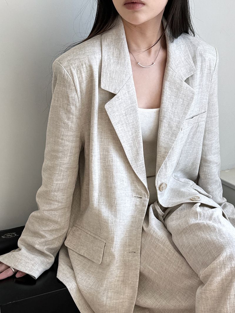 Women's Linen-Blend Suit Set: Relaxed Tencel Blazer & Wide-Leg Pants - Minimalist Office To Weekend Chic (Beige/Navy, M/L)_voghion.com