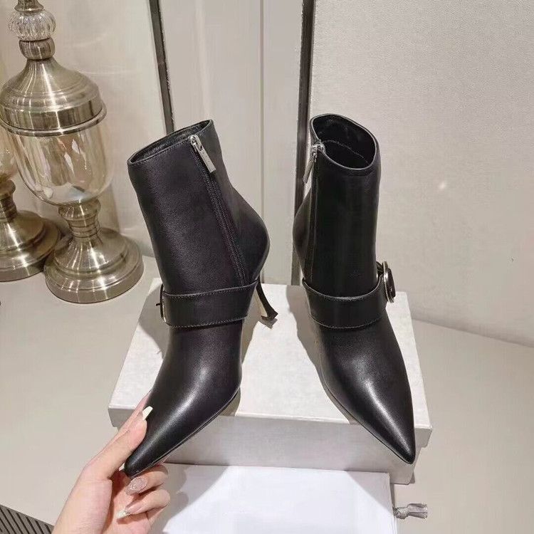 High End Quality 2023 Autumn Winter New Rivet Belt Buckle Short Leather And Ankle Boots, Slim High Heels, Women's Boots_voghion.com