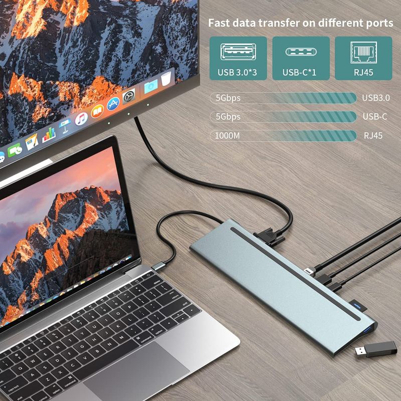 Adattatore hub USB tipo C 12 in 1 per docking station per laptop, MST doppio monitor doppio HDMI VGA RJ45 SD TF PD per MacBook Dell Hp ThinkPad_voghion.com