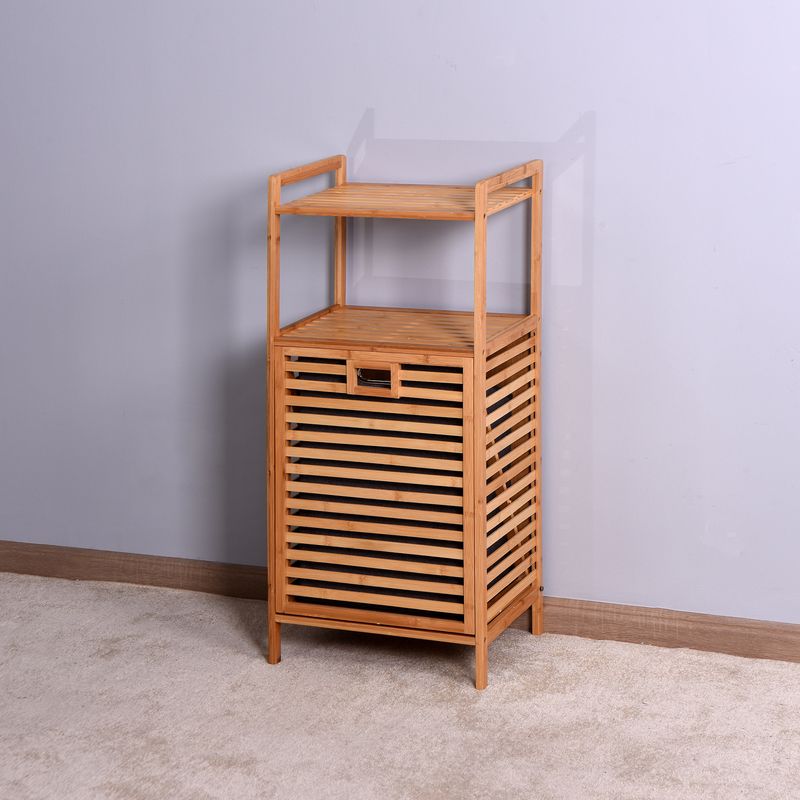 Bathroom Laundry Basket Bamboo Storage Basket with 2-tier Shelf 17.32 x 13 x 37.8 inch_voghion.com