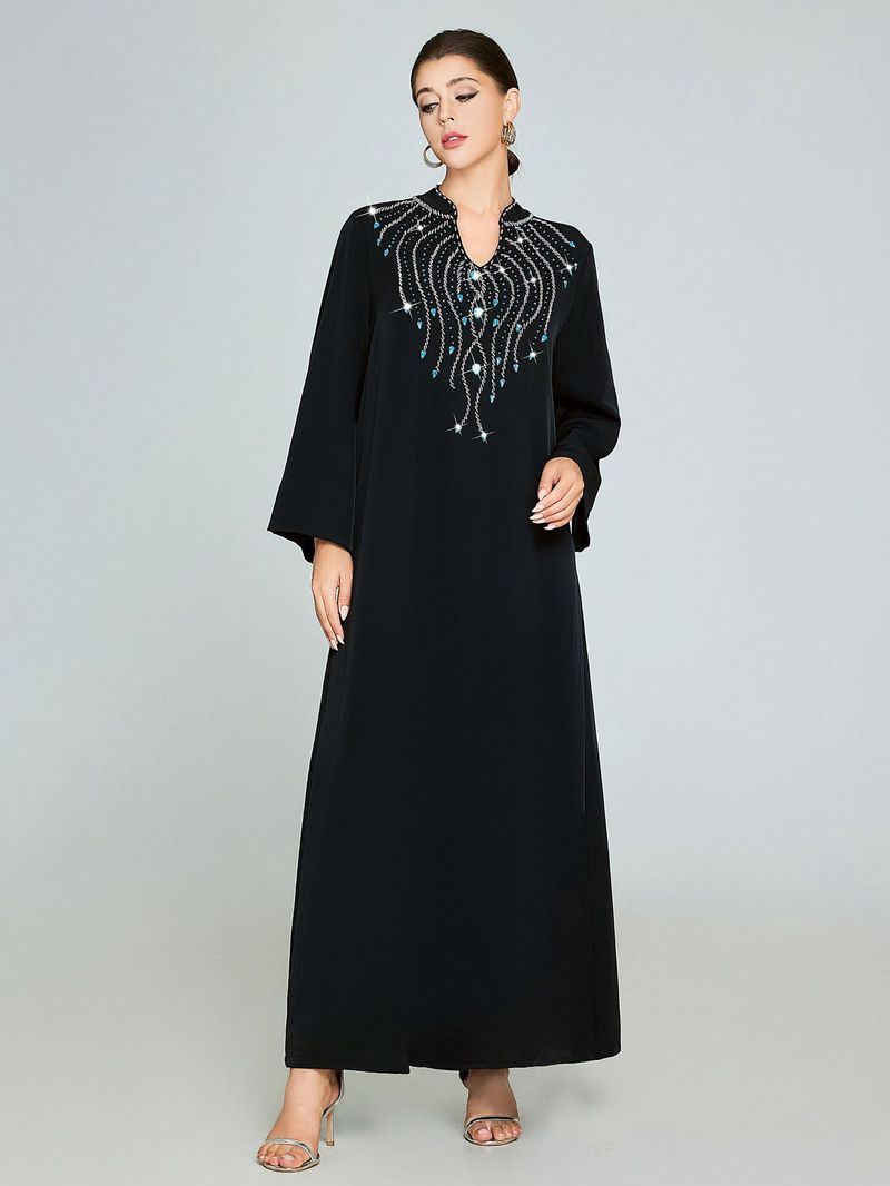 Handcrafted Embroidered Maxi Robe With Rhinestone Detailing - Flowy Boho Chic Long Sleeve Dress For Women, Plus Size Comfortable Loungewear_voghion.com