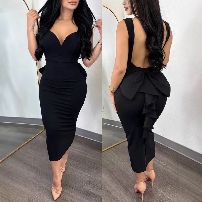 Abito da sera da donna con volant, spalline sottili, scollo a V, schiena scoperta, lunghezza media_voghion.com