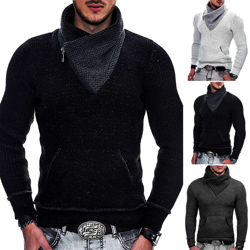 Roupas masculinas outono e inverno moda masculina suéter manga comprida gola alta bolso malha suéter masculino clot masculino_voghion.com