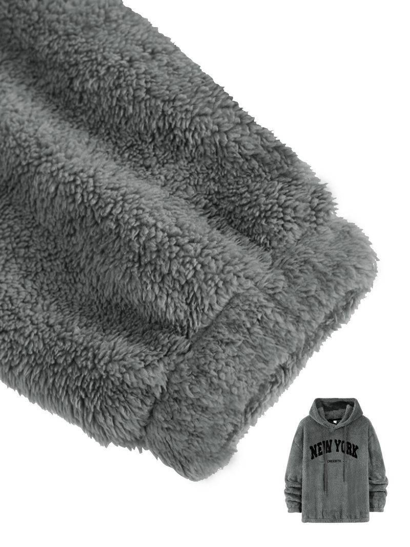 Felpa con cappuccio foderata in pile da uomo con stampa di lettere retrò – Pullover invernale spesso per abbigliamento casual_voghion.com
