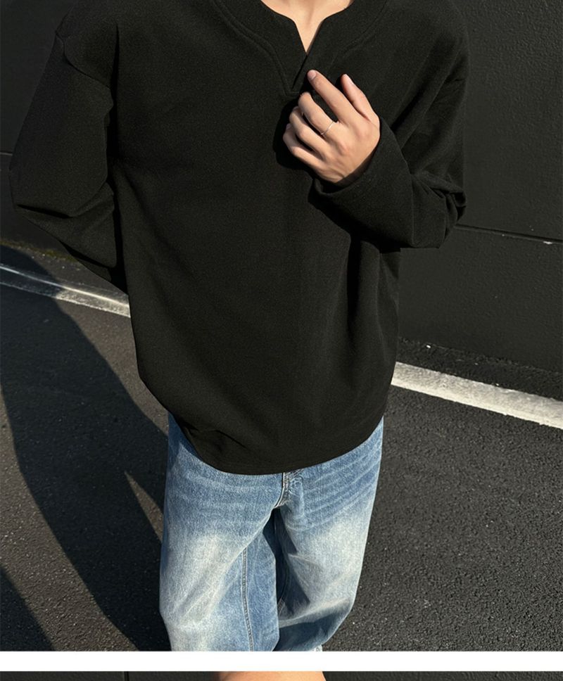 boy Boy Autumn Winter De Velvet V-Neck Sweatshirt Warm Inner Layer Base Shirt Long Sleeve T-Shirt Top Trendy Men's Cool Fashion_voghion.com