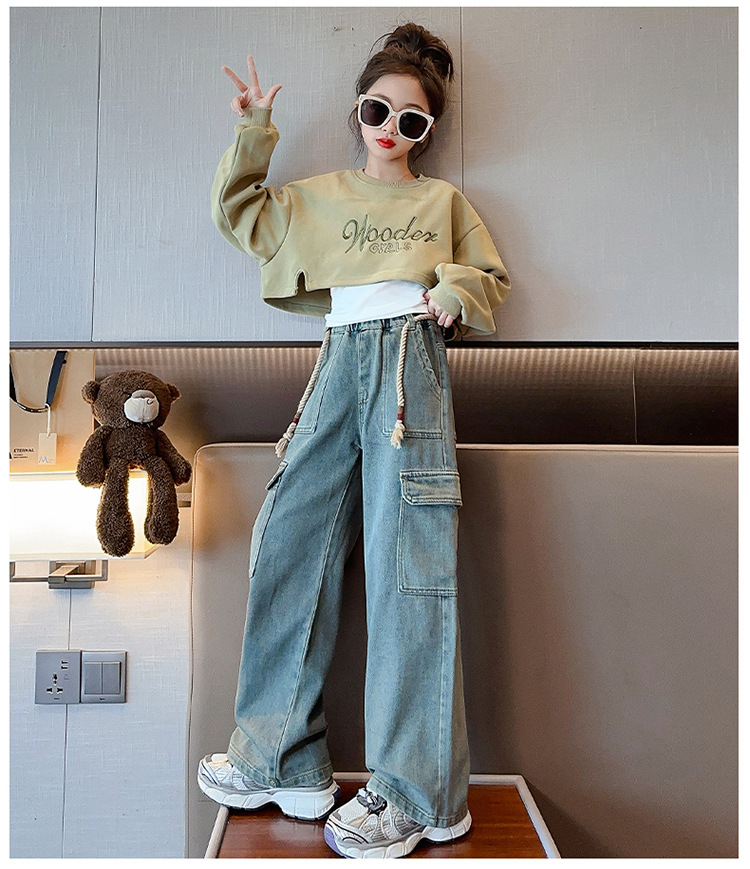 Set di jeans cargo con cappuccio alla moda da ragazza in tre pezzi autunnale da ragazza_voghion.com