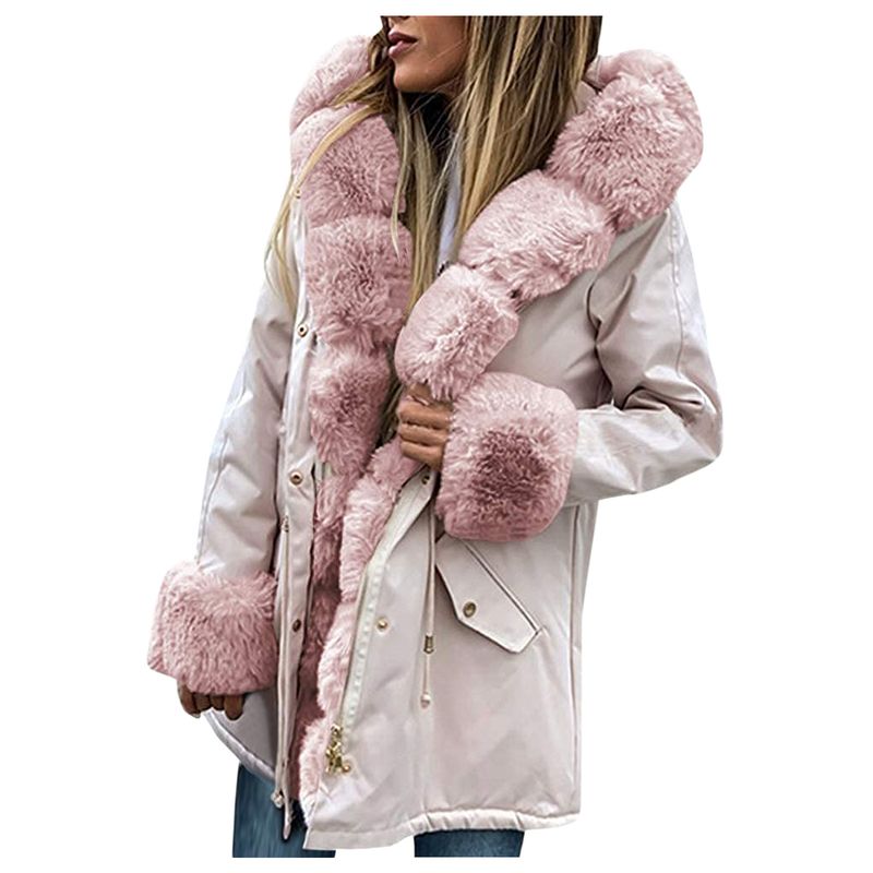Women's Hooded Zip-Up Puffer Coat – Detachable Faux Fur Trim Long Sleeve Winter Jacket (Black, Beige)_voghion.com