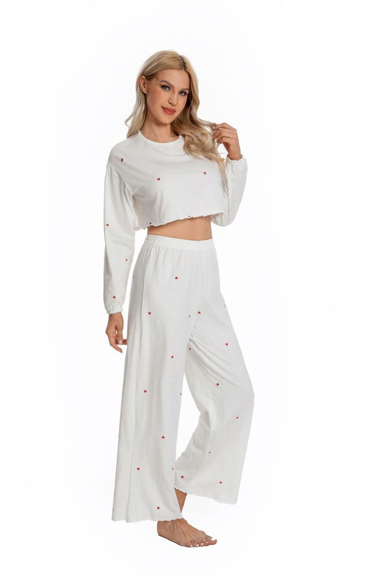 Overseas Version OZON Heart Print Crop Top Sleeve Long Pants Loose Cotton Stretch Pajamas_voghion.com