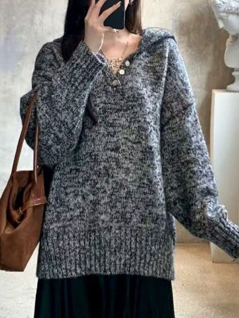 Maglione da donna con cappuccio, scollo a V, grigio, bottoni, casual, lazy, ampio, di nicchia, Xiaoxiangfeng_voghion.com