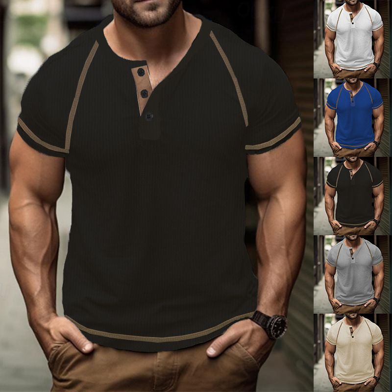 Large round neck buckle men's summer solid oversized waffle casual Henry T_voghion.com