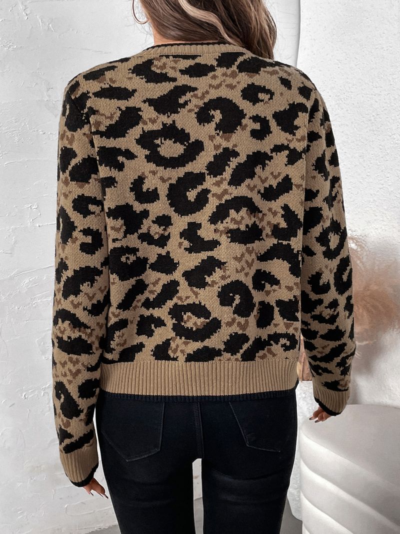 Women's Clothing new leopard print bow tie knitted sweater autumn and winter long sleeved cardigan top_voghion.com