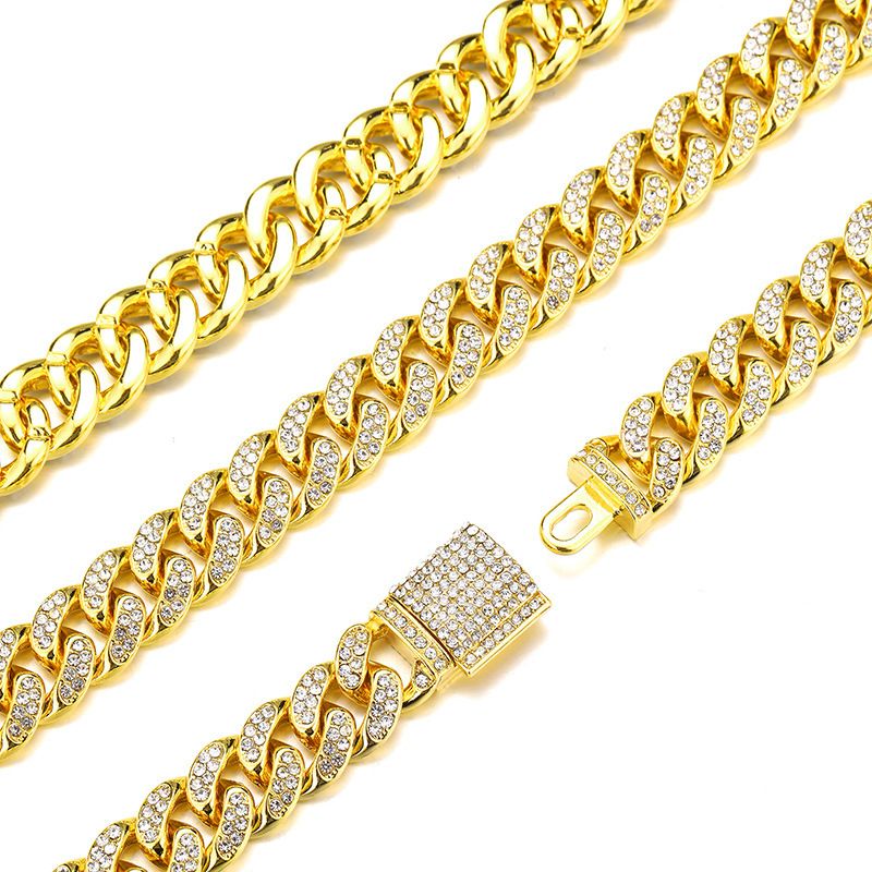 Men's hip hop trendsetter diamond box buckle Cuban chain thick 13mm dense hip hop necklace clavicle chain_voghion.com