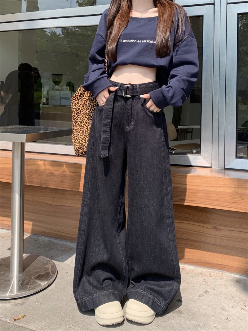 Gürtel in Originalfarbe und Plüschjeans für Damen, neue lockere, gerade, hoch taillierte, lässige Hose mit weitem Bein für Damen_voghion.com