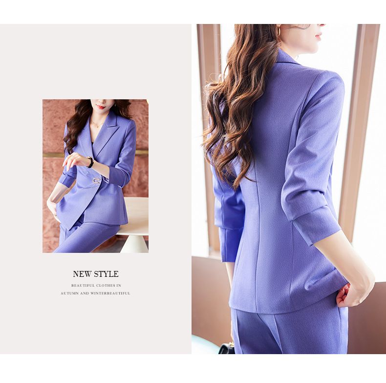 Conjunto elegante de terno roxo feminino - Blazer profissional e calça boca de sino para recepções, entrevistas e uso no escritório_voghion.com