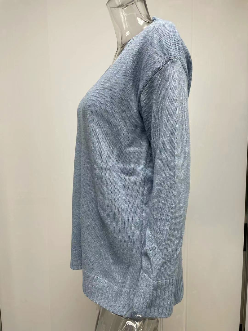 Abbigliamento da donna Autunno e Inverno Nuovo maglione tinta unita con scollo a V e maniche lunghe_voghion.com