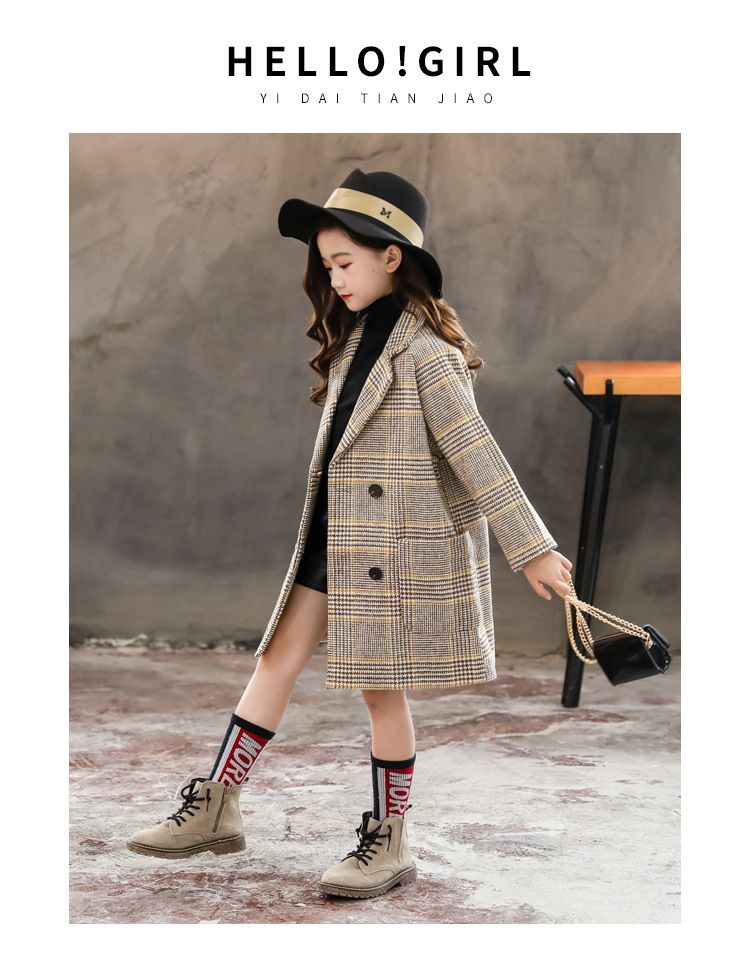 Girls Woolen Coat Autumn And Winter New Children's Medium And Long Plaid Coat For Middle And Large Children's Fashionable Woolen Coat Trend_voghion.com