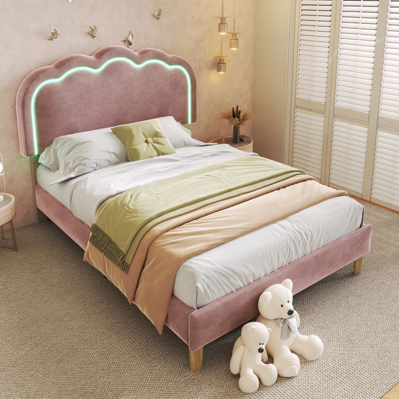 Cadre de lit simple en velours rose 90 x 190 cm avec éclairage LED, tête de lit et sommier à lattes réglables, lit enfant rembourré pour chambre ou chambre d'amis_voghion.com