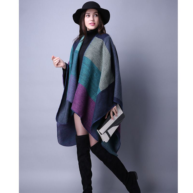Autumn and Winter Scarves Versatile Plaid Women's Travel Shawl Cashmere Ethnic Style Split Thickened Cloak_voghion.com