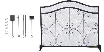 VEVOR Fireplace Screen, 38 X 26.5 Inch,Heavy Duty Iron Freestanding Spark Guard With Support, Metal Mesh Craft, Broom Tong Shovel Poker Included For Fireplace Decoration & Protection, Black_voghion.com