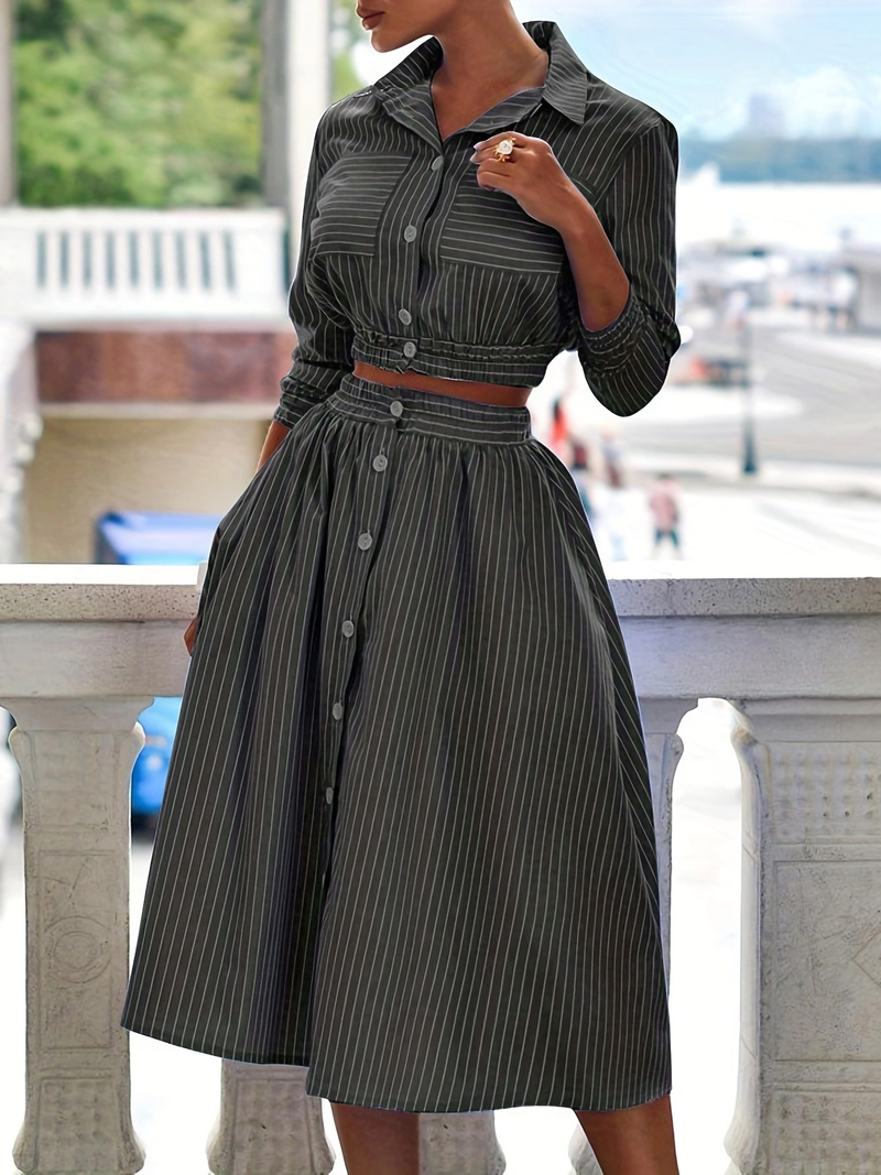 Damenmode-Temperament-Langarm-Streifenhemd-Anzugrock-Zweiteiler-Set_voghion.com
